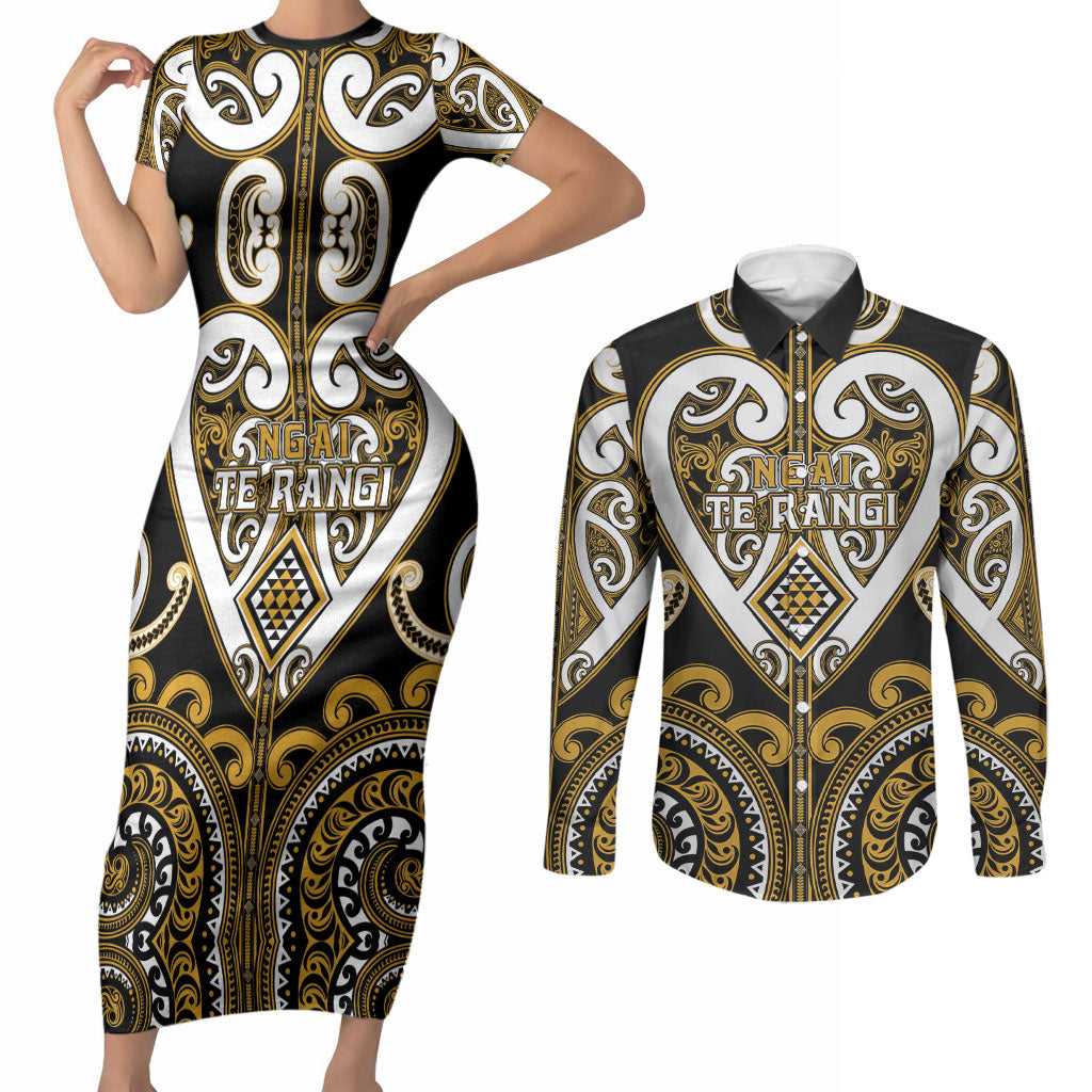 Custom Aotearoa Ngai Te Rangi Couples Matching Short Sleeve Bodycon Dress and Long Sleeve Button Shirt Maori Tribal Pattern LT05 Gold - Polynesian Pride