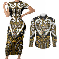 Custom Aotearoa Ngai Te Rangi Couples Matching Short Sleeve Bodycon Dress and Long Sleeve Button Shirt Maori Tribal Pattern LT05 Gold - Polynesian Pride