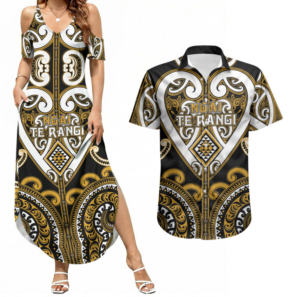 Custom Aotearoa Ngai Te Rangi Couples Matching Summer Maxi Dress and Hawaiian Shirt Maori Tribal Pattern LT05 Gold - Polynesian Pride
