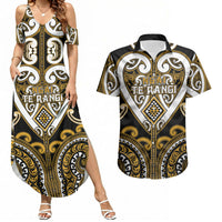 Custom Aotearoa Ngai Te Rangi Couples Matching Summer Maxi Dress and Hawaiian Shirt Maori Tribal Pattern LT05 Gold - Polynesian Pride