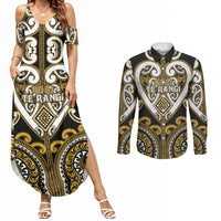 Custom Aotearoa Ngai Te Rangi Couples Matching Summer Maxi Dress and Long Sleeve Button Shirt Maori Tribal Pattern LT05 Gold - Polynesian Pride