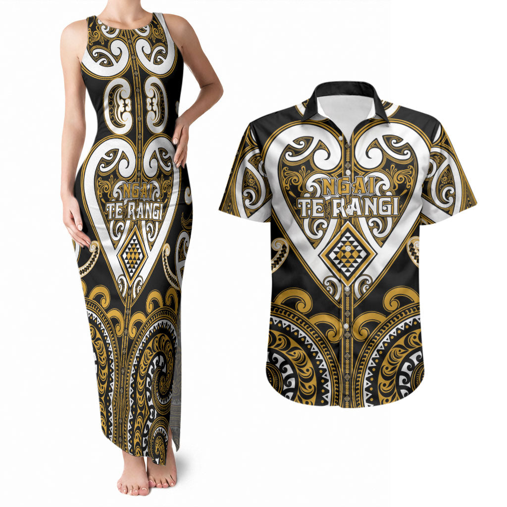Custom Aotearoa Ngai Te Rangi Couples Matching Tank Maxi Dress and Hawaiian Shirt Maori Tribal Pattern LT05 Gold - Polynesian Pride