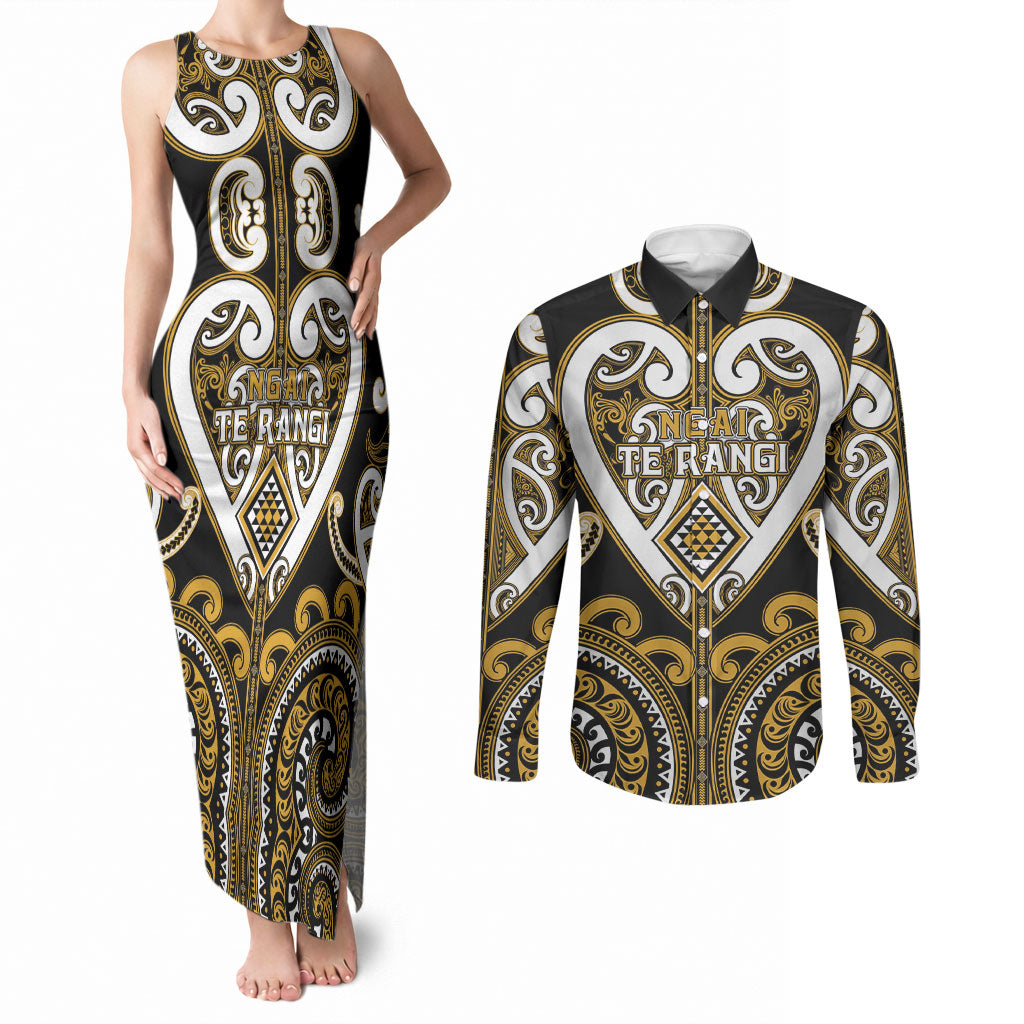Custom Aotearoa Ngai Te Rangi Couples Matching Tank Maxi Dress and Long Sleeve Button Shirt Maori Tribal Pattern LT05 Gold - Polynesian Pride