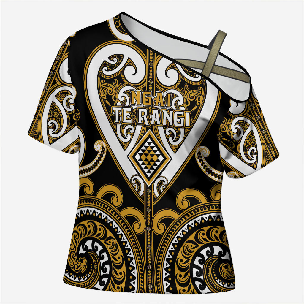 Custom Aotearoa Ngai Te Rangi Cross Shoulder Shirt Maori Tribal Pattern LT05 Female Gold - Polynesian Pride