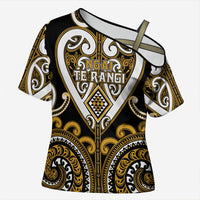 Custom Aotearoa Ngai Te Rangi Cross Shoulder Shirt Maori Tribal Pattern LT05 Female Gold - Polynesian Pride