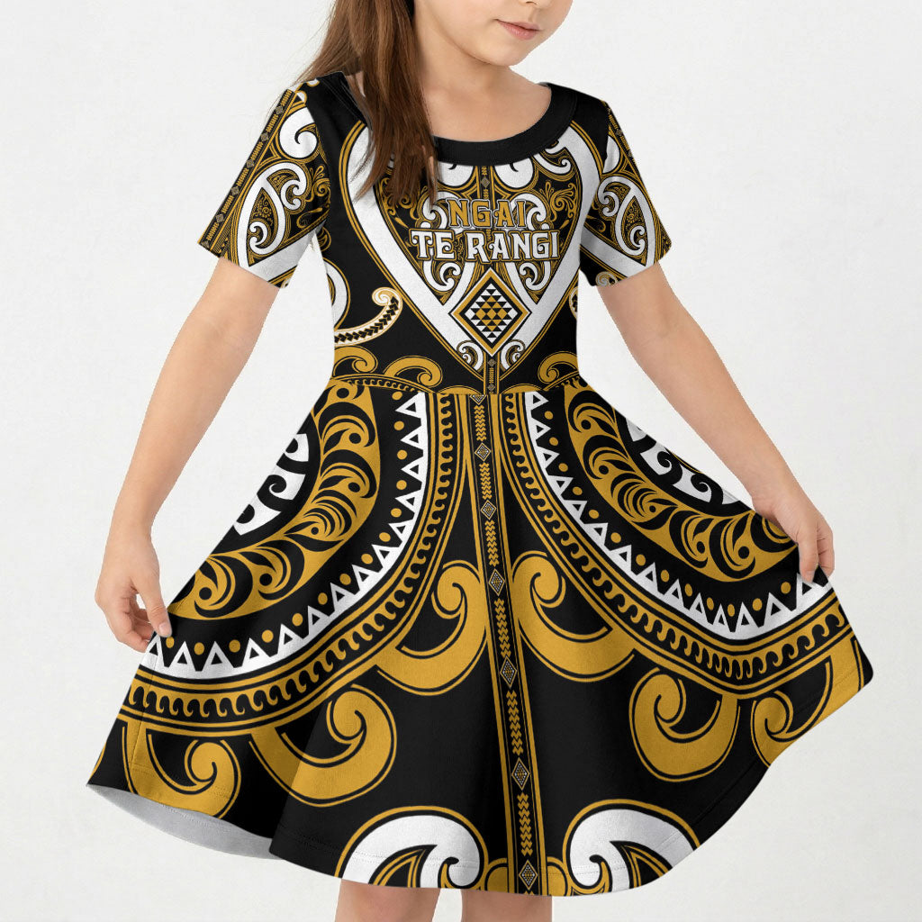 Custom Aotearoa Ngai Te Rangi Kid Short Sleeve Dress Maori Tribal Pattern LT05 KID Gold - Polynesian Pride