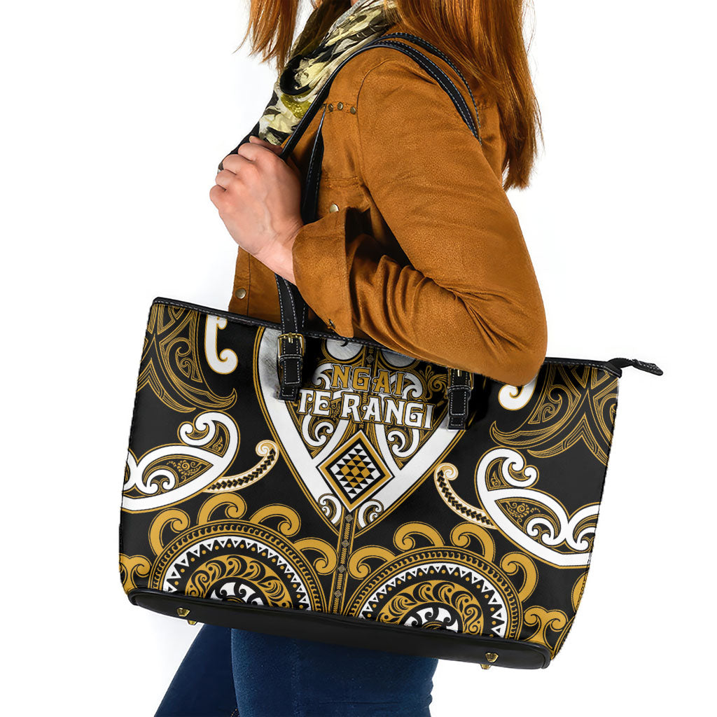 Aotearoa Ngai Te Rangi Leather Tote Bag Maori Tribal Pattern LT05 Gold - Polynesian Pride