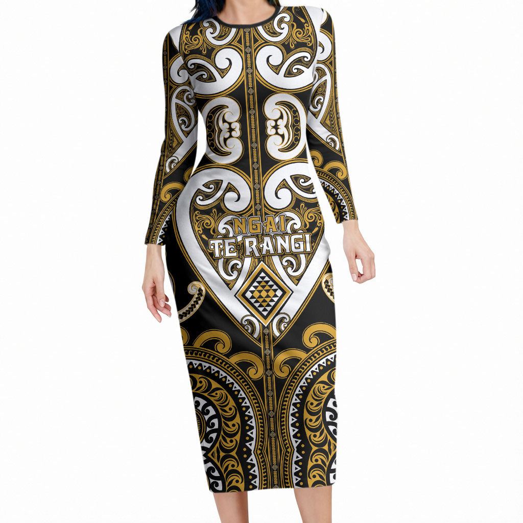Custom Aotearoa Ngai Te Rangi Long Sleeve Bodycon Dress Maori Tribal Pattern LT05 Long Dress Gold - Polynesian Pride