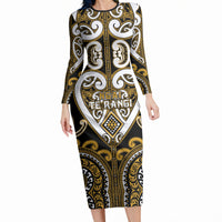 Custom Aotearoa Ngai Te Rangi Long Sleeve Bodycon Dress Maori Tribal Pattern LT05 Long Dress Gold - Polynesian Pride
