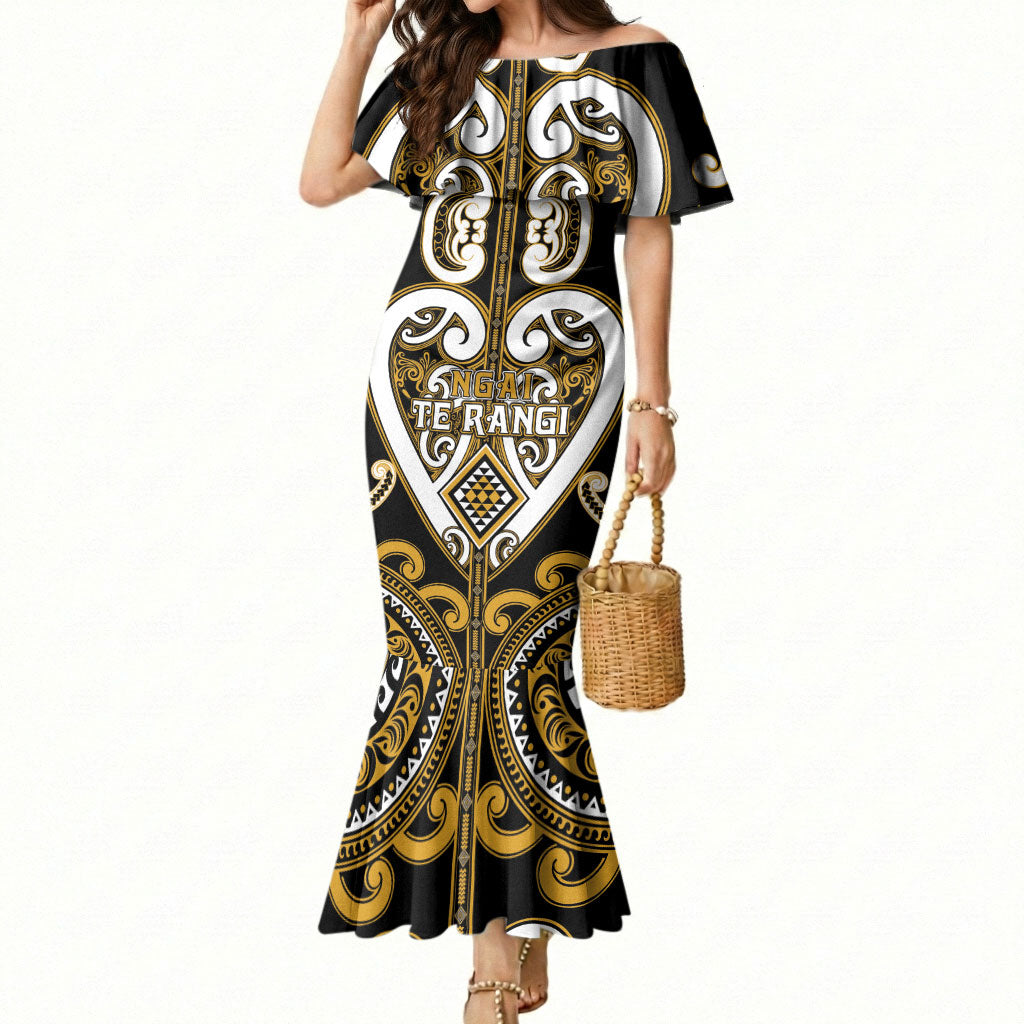 Custom Aotearoa Ngai Te Rangi Mermaid Dress Maori Tribal Pattern LT05 Women Gold - Polynesian Pride