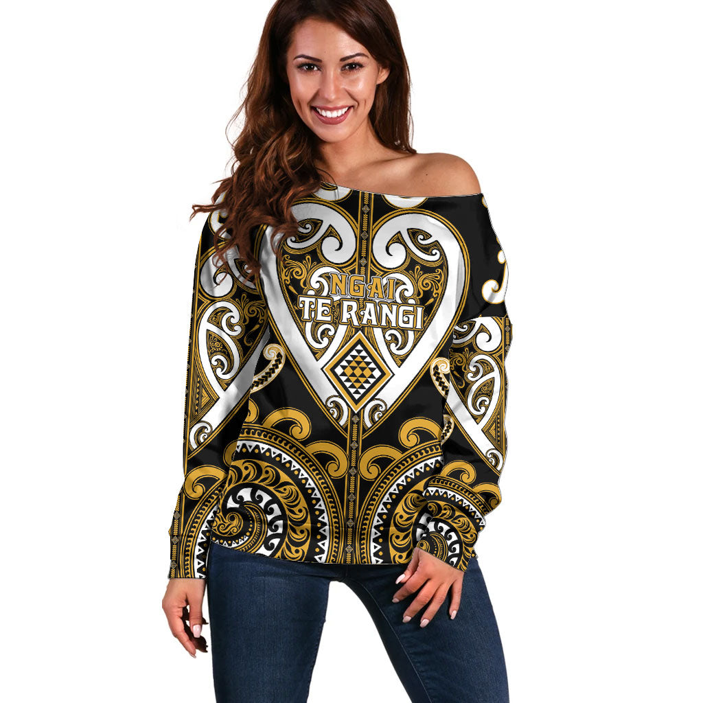 Custom Aotearoa Ngai Te Rangi Off Shoulder Sweater Maori Tribal Pattern LT05 Women Gold - Polynesian Pride
