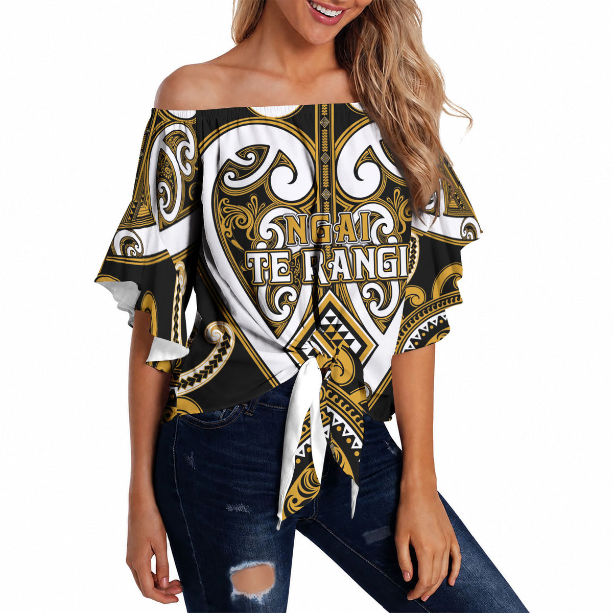 Custom Aotearoa Ngai Te Rangi Off Shoulder Wrap Waist Top Maori Tribal Pattern LT05 Gold - Polynesian Pride