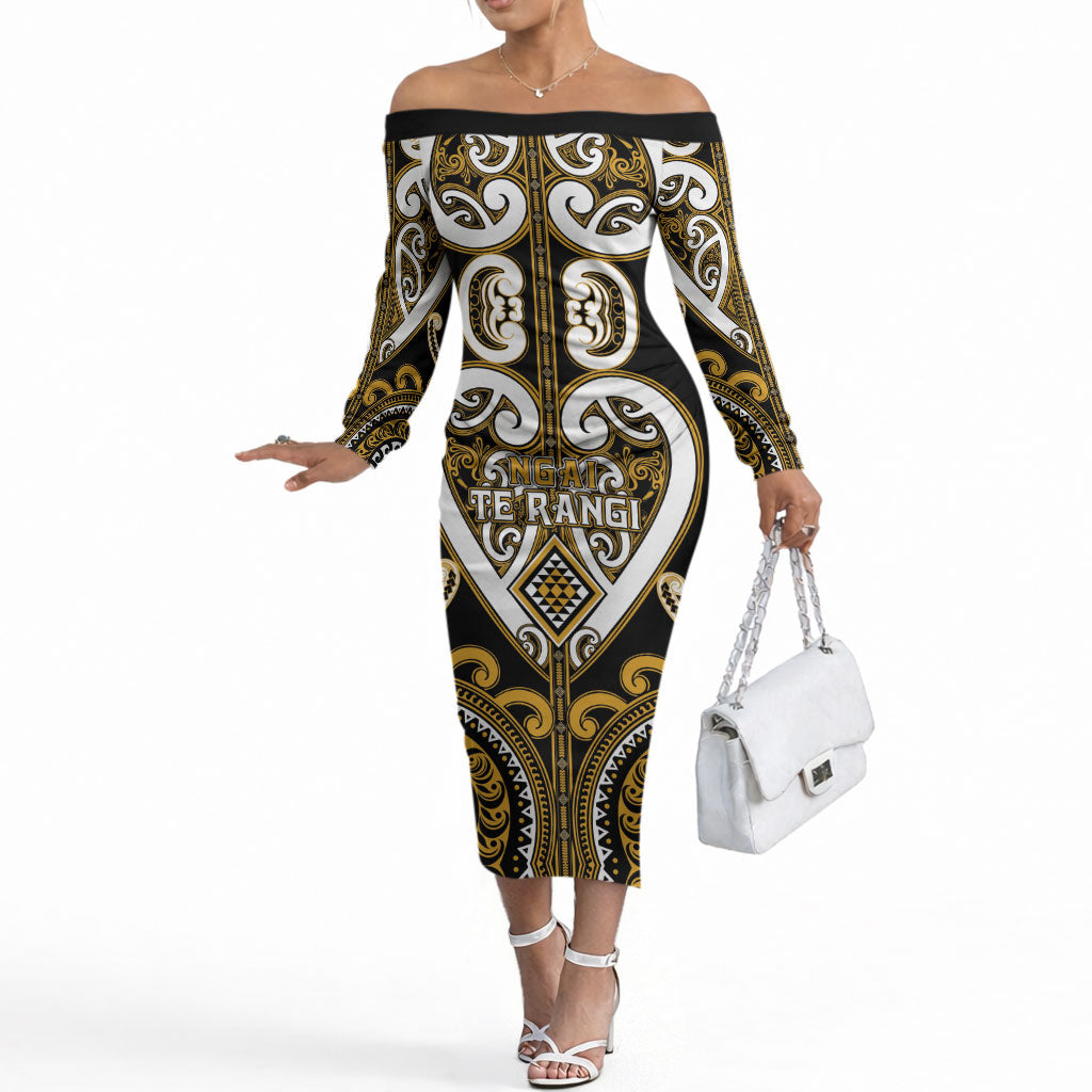 Custom Aotearoa Ngai Te Rangi Off The Shoulder Long Sleeve Dress Maori Tribal Pattern LT05 Women Gold - Polynesian Pride
