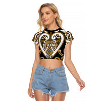 Custom Aotearoa Ngai Te Rangi Raglan Cropped T Shirt Maori Tribal Pattern LT05 Female Gold - Polynesian Pride