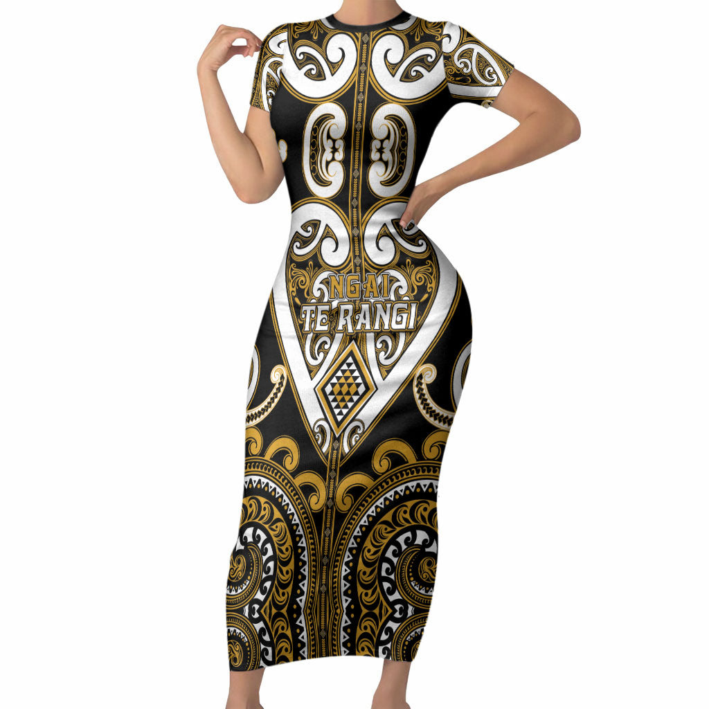 Custom Aotearoa Ngai Te Rangi Short Sleeve Bodycon Dress Maori Tribal Pattern LT05 Long Dress Gold - Polynesian Pride