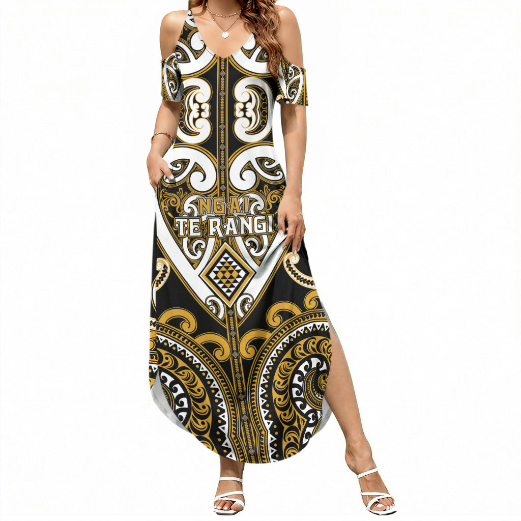 Custom Aotearoa Ngai Te Rangi Summer Maxi Dress Maori Tribal Pattern LT05 Women Gold - Polynesian Pride