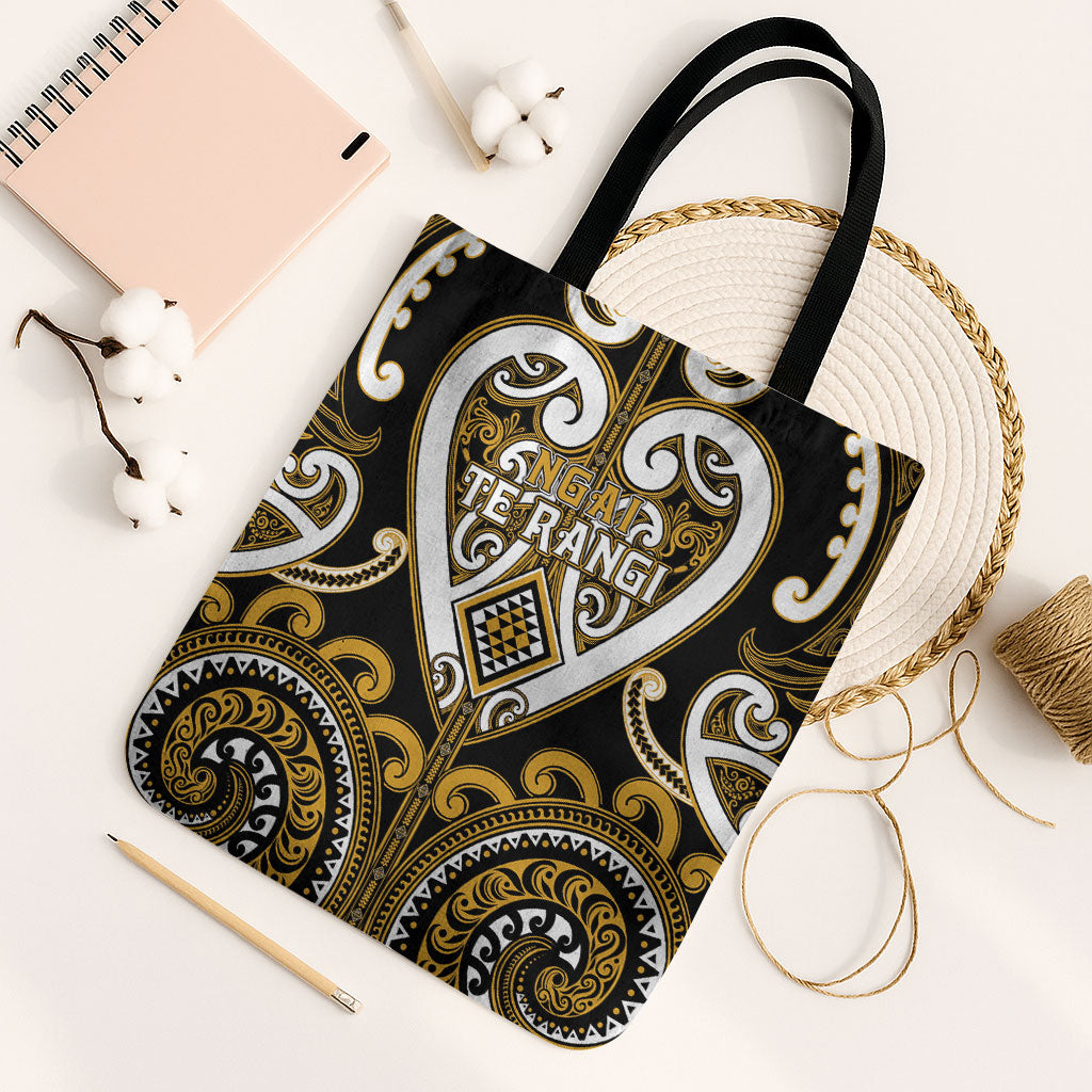 Aotearoa Ngai Te Rangi Tote Bag Maori Tribal Pattern LT05 Black Strap One Size Gold - Polynesian Pride