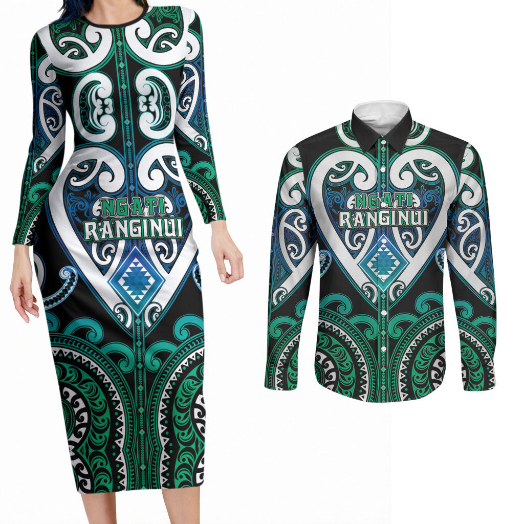 Custom Aotearoa Ngati Ranginui Couples Matching Long Sleeve Bodycon Dress and Long Sleeve Button Shirt Maori Tribal Pattern LT05 Cyan - Polynesian Pride