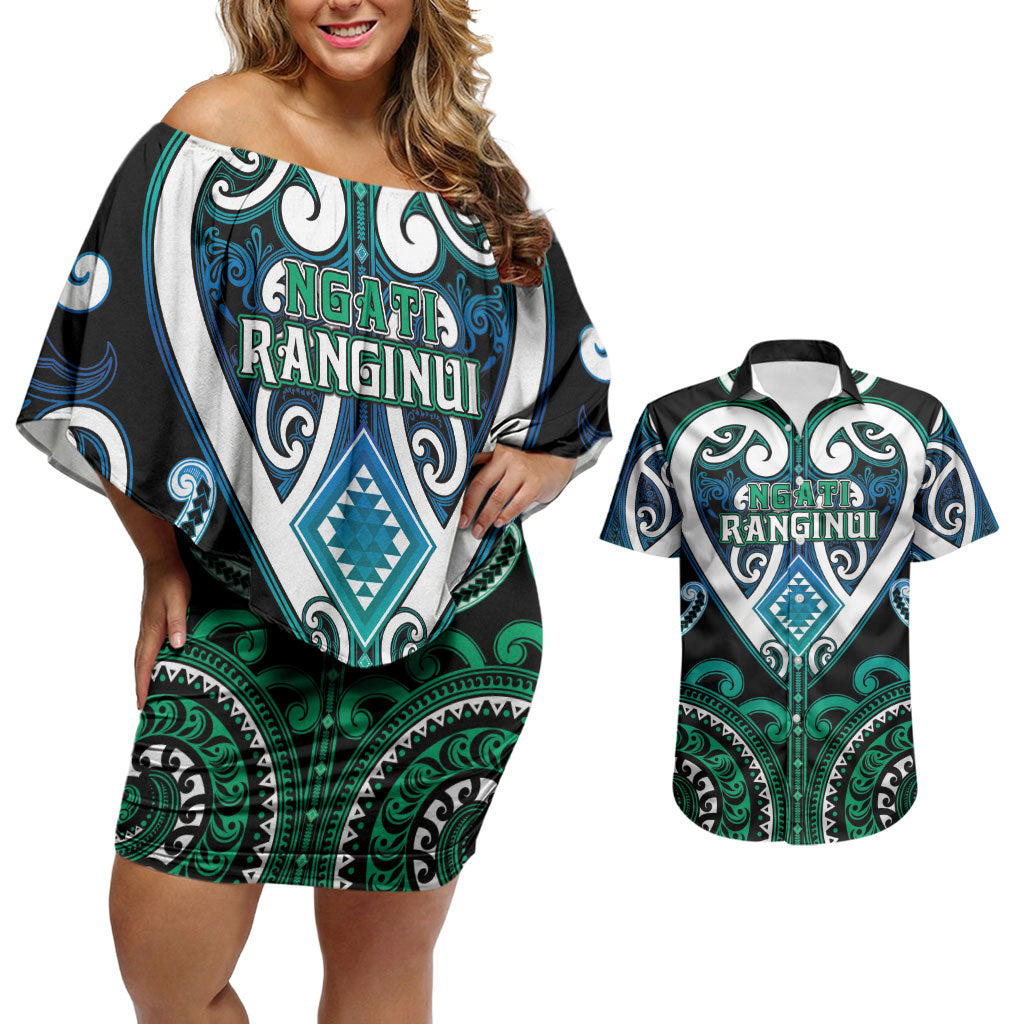 Custom Aotearoa Ngati Ranginui Couples Matching Off Shoulder Short Dress and Hawaiian Shirt Maori Tribal Pattern LT05 Cyan - Polynesian Pride