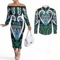 Custom Aotearoa Ngati Ranginui Couples Matching Off The Shoulder Long Sleeve Dress and Long Sleeve Button Shirt Maori Tribal Pattern LT05 Cyan - Polynesian Pride
