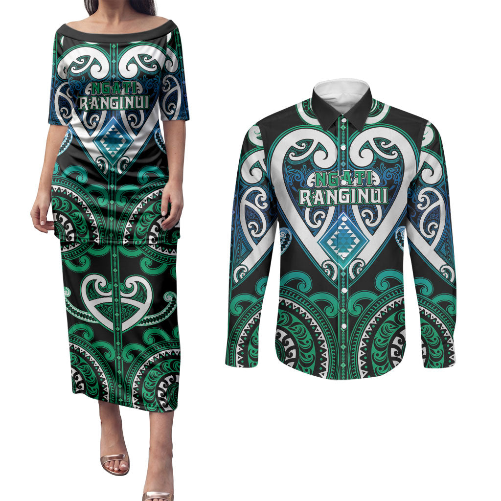 Custom Aotearoa Ngati Ranginui Couples Matching Puletasi and Long Sleeve Button Shirt Maori Tribal Pattern LT05 Cyan - Polynesian Pride