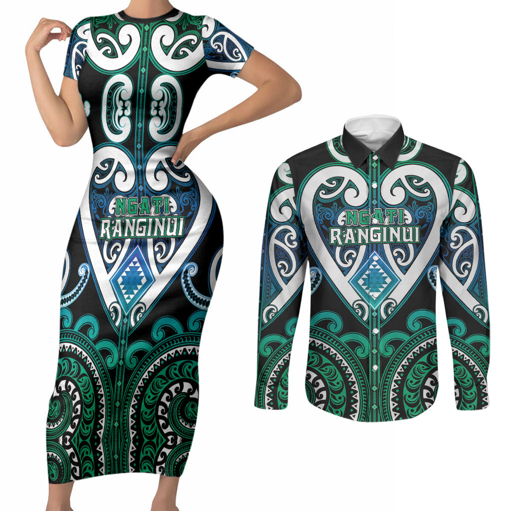 Custom Aotearoa Ngati Ranginui Couples Matching Short Sleeve Bodycon Dress and Long Sleeve Button Shirt Maori Tribal Pattern LT05 Cyan - Polynesian Pride