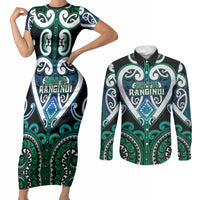 Custom Aotearoa Ngati Ranginui Couples Matching Short Sleeve Bodycon Dress and Long Sleeve Button Shirt Maori Tribal Pattern LT05 Cyan - Polynesian Pride