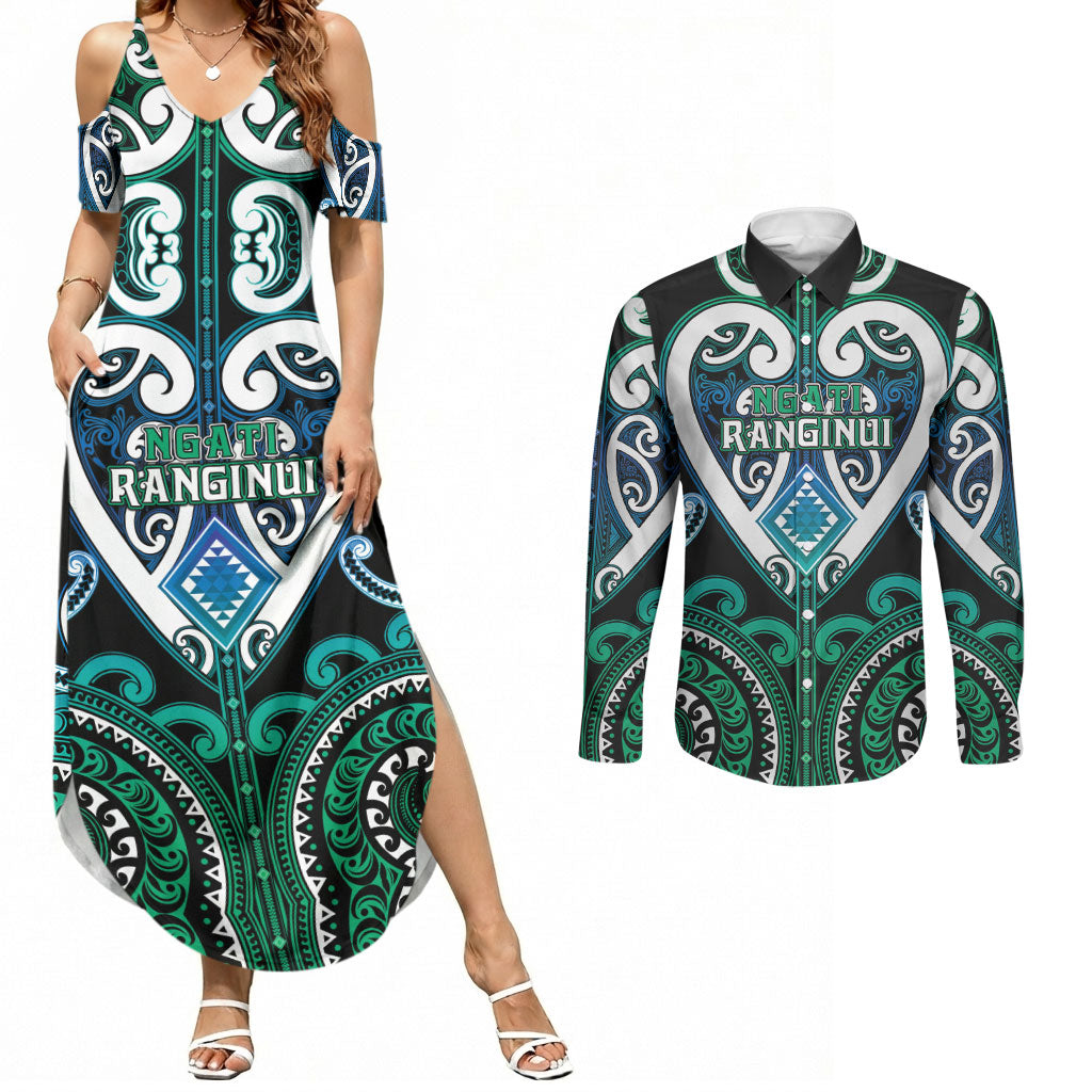 Custom Aotearoa Ngati Ranginui Couples Matching Summer Maxi Dress and Long Sleeve Button Shirt Maori Tribal Pattern LT05 Cyan - Polynesian Pride