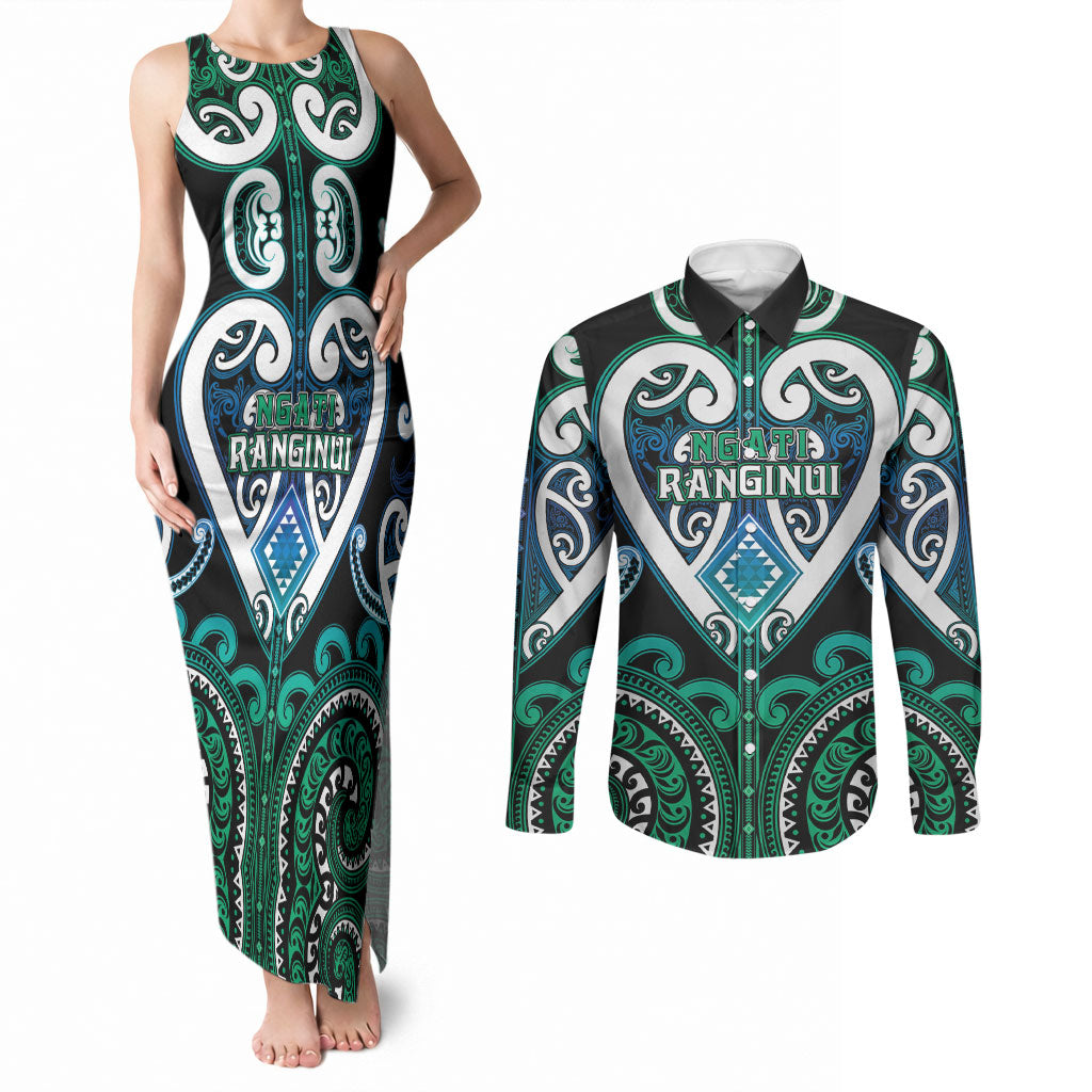 Custom Aotearoa Ngati Ranginui Couples Matching Tank Maxi Dress and Long Sleeve Button Shirt Maori Tribal Pattern LT05 Cyan - Polynesian Pride