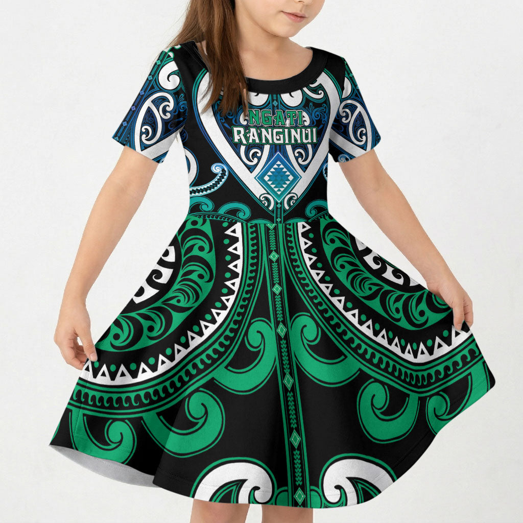 Custom Aotearoa Ngati Ranginui Kid Short Sleeve Dress Maori Tribal Pattern LT05 KID Cyan - Polynesian Pride