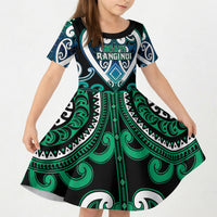 Custom Aotearoa Ngati Ranginui Kid Short Sleeve Dress Maori Tribal Pattern LT05 KID Cyan - Polynesian Pride