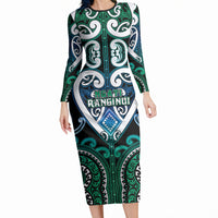 Custom Aotearoa Ngati Ranginui Long Sleeve Bodycon Dress Maori Tribal Pattern LT05 Long Dress Cyan - Polynesian Pride