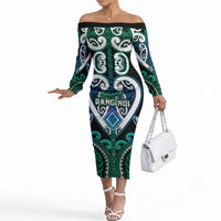Custom Aotearoa Ngati Ranginui Off The Shoulder Long Sleeve Dress Maori Tribal Pattern LT05 Women Cyan - Polynesian Pride
