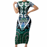 Custom Aotearoa Ngati Ranginui Short Sleeve Bodycon Dress Maori Tribal Pattern LT05 Long Dress Cyan - Polynesian Pride