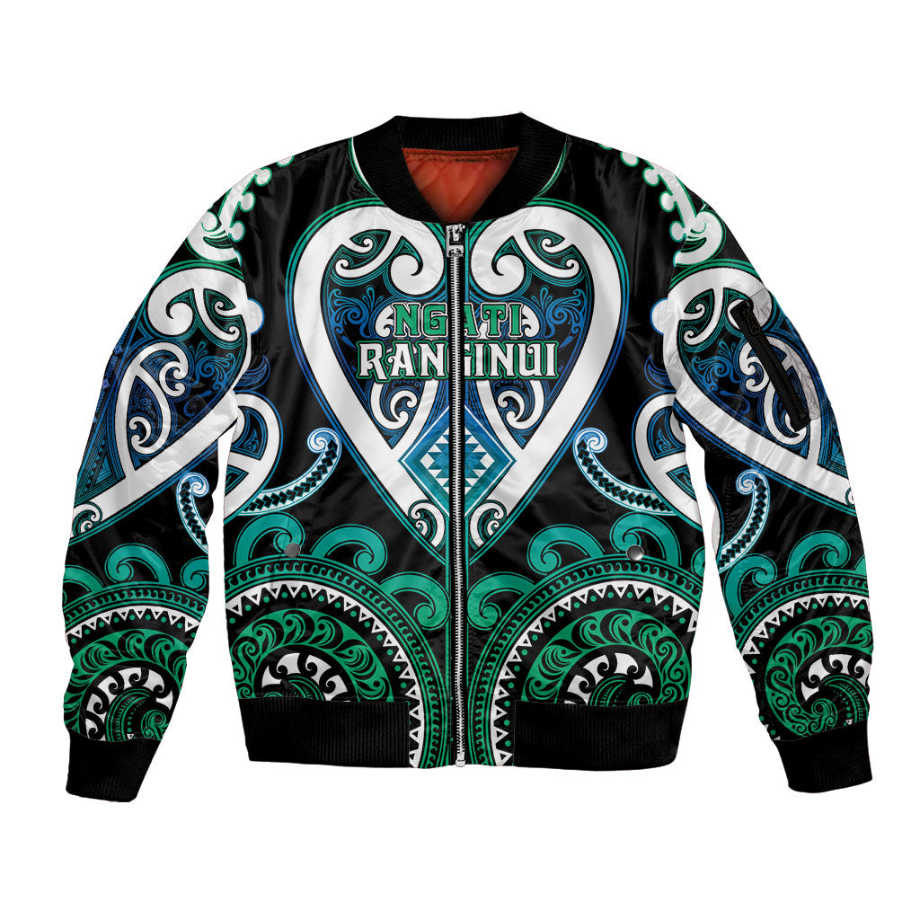 Custom Aotearoa Ngati Ranginui Sleeve Zip Bomber Jacket Maori Tribal Pattern LT05 Unisex Cyan - Polynesian Pride