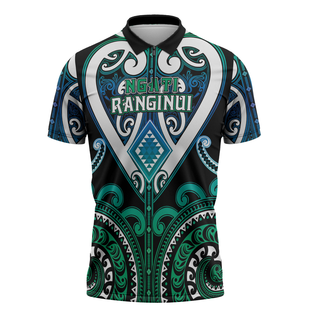 Custom Aotearoa Ngati Ranginui Zipper Polo Shirt Maori Tribal Pattern LT05 Cyan - Polynesian Pride