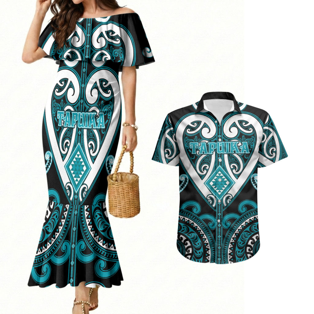Custom Aotearoa Tapuika Couples Matching Mermaid Dress and Hawaiian Shirt Maori Tribal Pattern LT05 Teal - Polynesian Pride