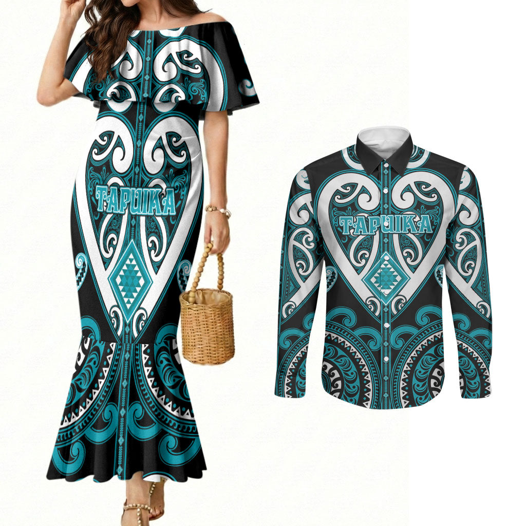 Custom Aotearoa Tapuika Couples Matching Mermaid Dress and Long Sleeve Button Shirt Maori Tribal Pattern LT05 Teal - Polynesian Pride