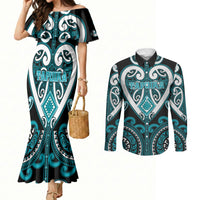 Custom Aotearoa Tapuika Couples Matching Mermaid Dress and Long Sleeve Button Shirt Maori Tribal Pattern LT05 Teal - Polynesian Pride