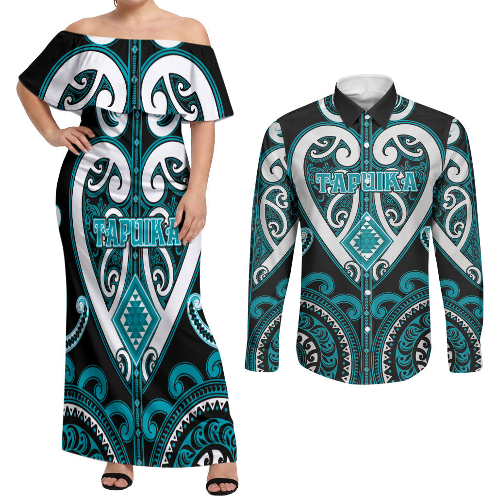 Custom Aotearoa Tapuika Couples Matching Off Shoulder Maxi Dress and Long Sleeve Button Shirt Maori Tribal Pattern LT05 Teal - Polynesian Pride