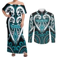 Custom Aotearoa Tapuika Couples Matching Off Shoulder Maxi Dress and Long Sleeve Button Shirt Maori Tribal Pattern LT05 Teal - Polynesian Pride