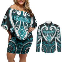 Custom Aotearoa Tapuika Couples Matching Off Shoulder Short Dress and Long Sleeve Button Shirt Maori Tribal Pattern LT05 Teal - Polynesian Pride