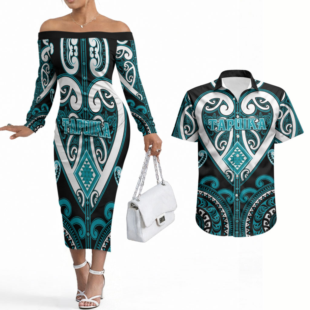Custom Aotearoa Tapuika Couples Matching Off The Shoulder Long Sleeve Dress and Hawaiian Shirt Maori Tribal Pattern LT05 Teal - Polynesian Pride