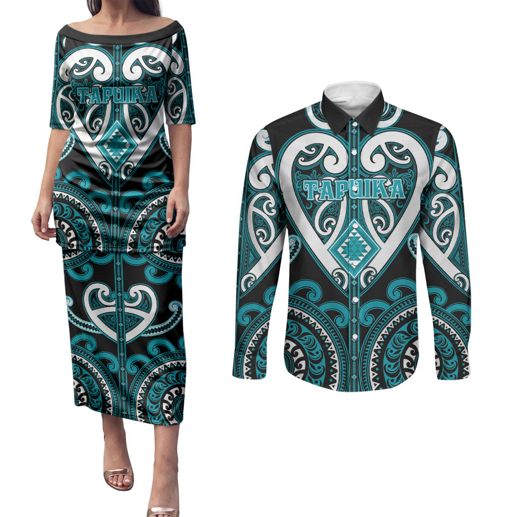 Custom Aotearoa Tapuika Couples Matching Puletasi and Long Sleeve Button Shirt Maori Tribal Pattern LT05 Teal - Polynesian Pride