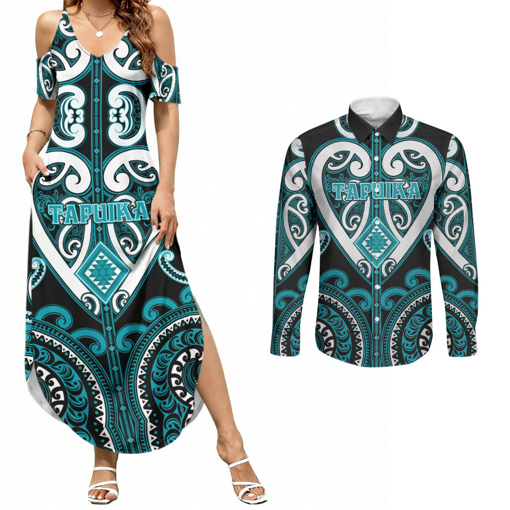 Custom Aotearoa Tapuika Couples Matching Summer Maxi Dress and Long Sleeve Button Shirt Maori Tribal Pattern LT05 Teal - Polynesian Pride