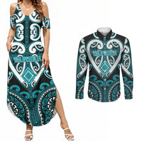 Custom Aotearoa Tapuika Couples Matching Summer Maxi Dress and Long Sleeve Button Shirt Maori Tribal Pattern LT05 Teal - Polynesian Pride