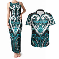 Custom Aotearoa Tapuika Couples Matching Tank Maxi Dress and Hawaiian Shirt Maori Tribal Pattern LT05 Teal - Polynesian Pride