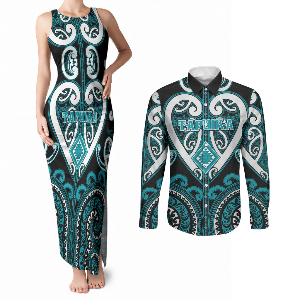 Custom Aotearoa Tapuika Couples Matching Tank Maxi Dress and Long Sleeve Button Shirt Maori Tribal Pattern LT05 Teal - Polynesian Pride