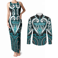 Custom Aotearoa Tapuika Couples Matching Tank Maxi Dress and Long Sleeve Button Shirt Maori Tribal Pattern LT05 Teal - Polynesian Pride