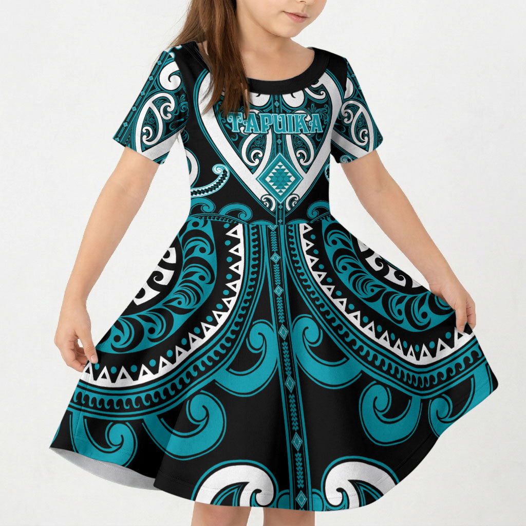 Custom Aotearoa Tapuika Kid Short Sleeve Dress Maori Tribal Pattern LT05 KID Teal - Polynesian Pride
